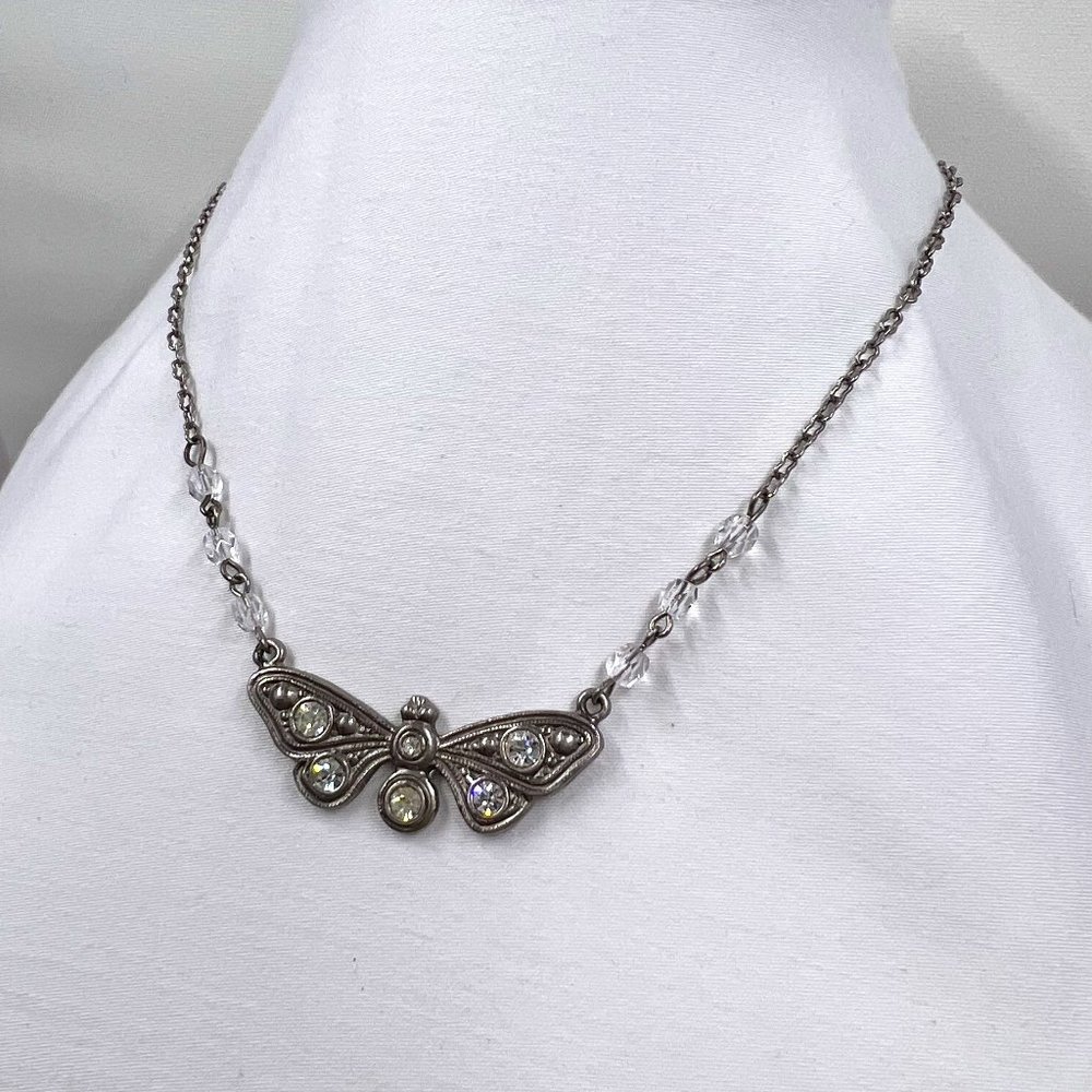 Robert Rose Antique Silver Toned 13” Chain Necklace with Jeweled Butterfly